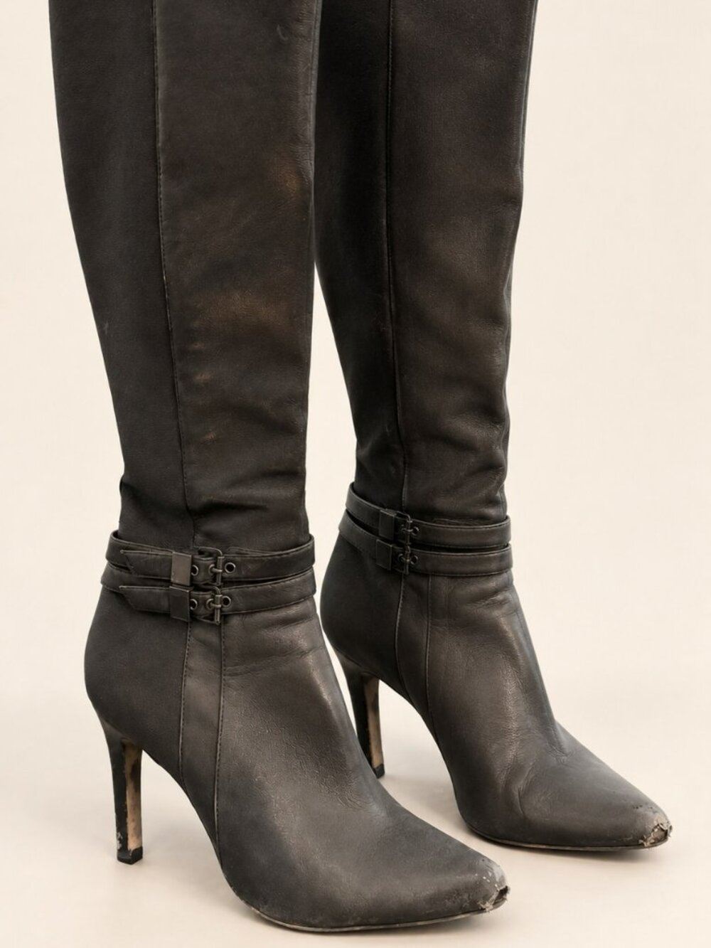White House Black Market Adelaide Charcoal Tall Buckle Boots 7M Repair